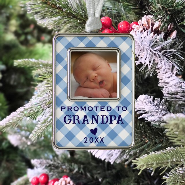 Promoted to Grandpa Baby Photo Blue Gingham Retro Silver Plated Framed Ornament (Creator Uploaded)