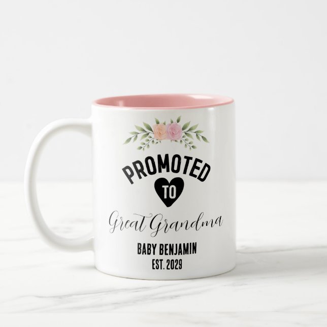Promoted to Great Grandma Personalised Baby Name Two-Tone Coffee Mug (Left)