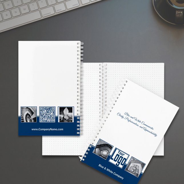 Promotional Custom Images Blue White Company Notebook (Promotional Custom Images Blue White Company Notebook with Logo, Tagline, QR code)