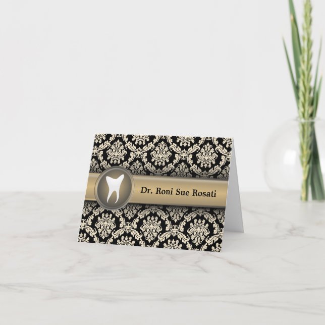 Promotional Dentist Note Card Black Gold Damask (Front)