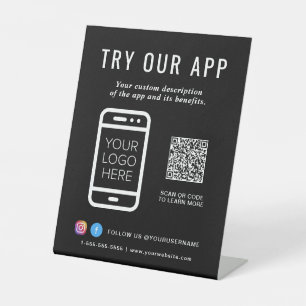 Promotional Try Our App QR Code Logo Black Pedestal Sign