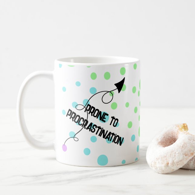 Prone to Procrastination Rainbow Polka Dot Mug (With Donut)