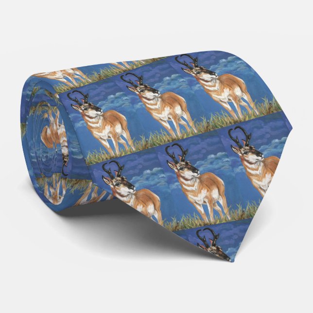 Pronghorn Antelope Watching Storm Wildlife Art Tie (Rolled)