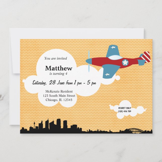 Propeller Plane Birthday theme (Orange) Invitation (Front)
