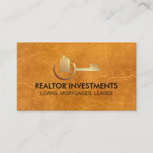 Properties Key Gold Logo Brown Leather Business Card