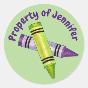 Property of Personalised Green Purple Crayon Classic Round Sticker