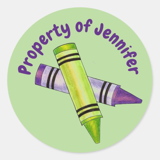 Property of Personalised Green Purple Crayon Classic Round Sticker (Front)