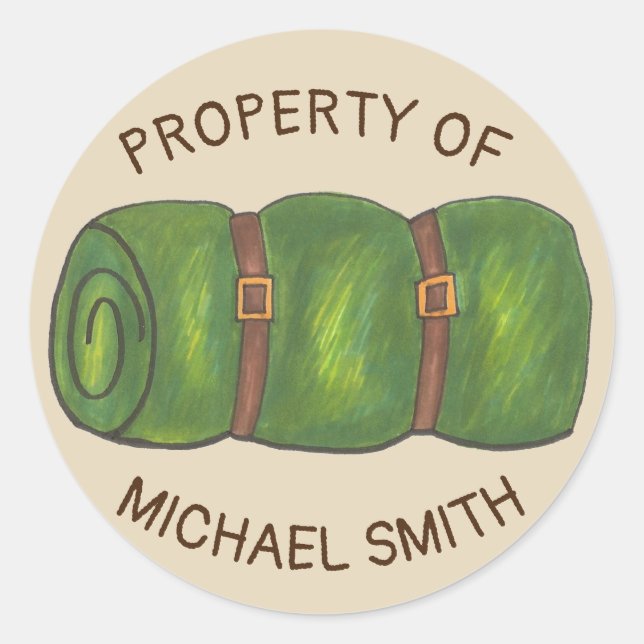 Property of Personalised Summer Camp Sleeping Bag Classic Round Sticker (Front)