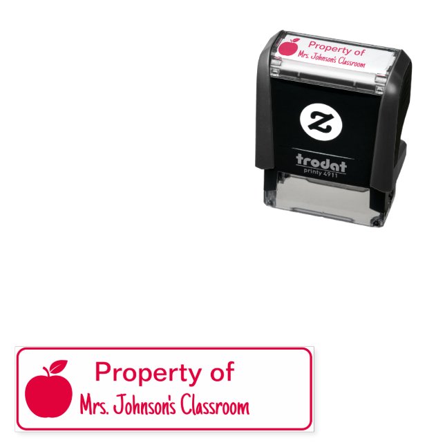 Property of Teacher's Name Classroom with Apple Self-inking Stamp (In Situ)