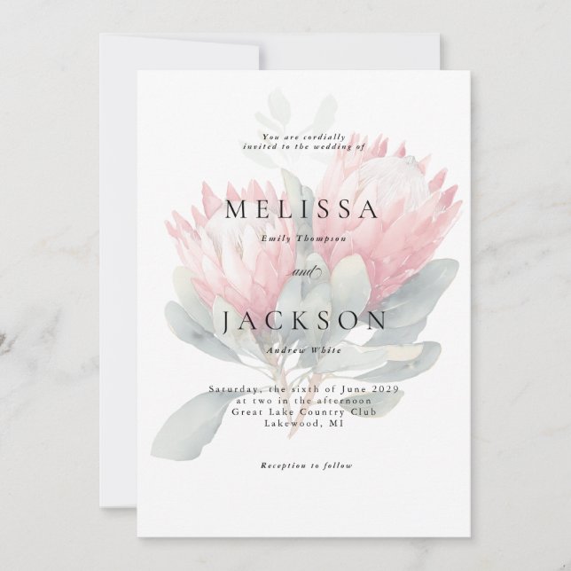 Protea Blush Watercolor Flowers Wedding Invitation (Front)