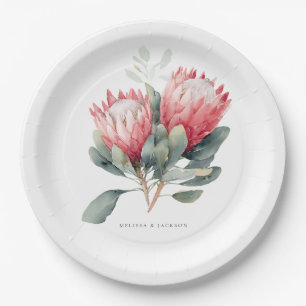 Protea Blush Watercolor Flowers Wedding Paper Plate