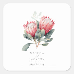 Protea Blush Watercolor Flowers Wedding Square Sticker