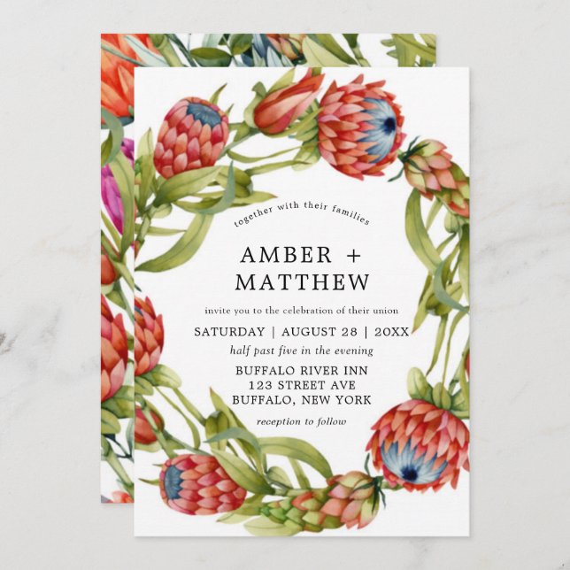 Protea Colourful Watercolor Flower Wedding Invites (Front/Back)