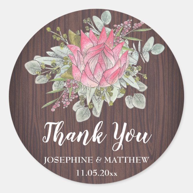 Protea Eucalyptus Wood Rustic Wedding Thank You Classic Round Sticker (Front)