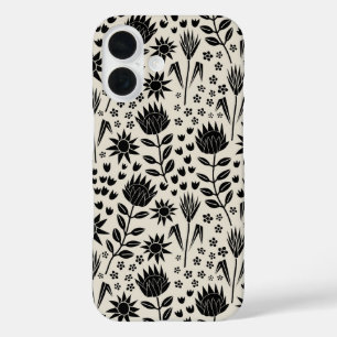 Protea Floral Block Print Millefleur black linen iPhone 16 Case