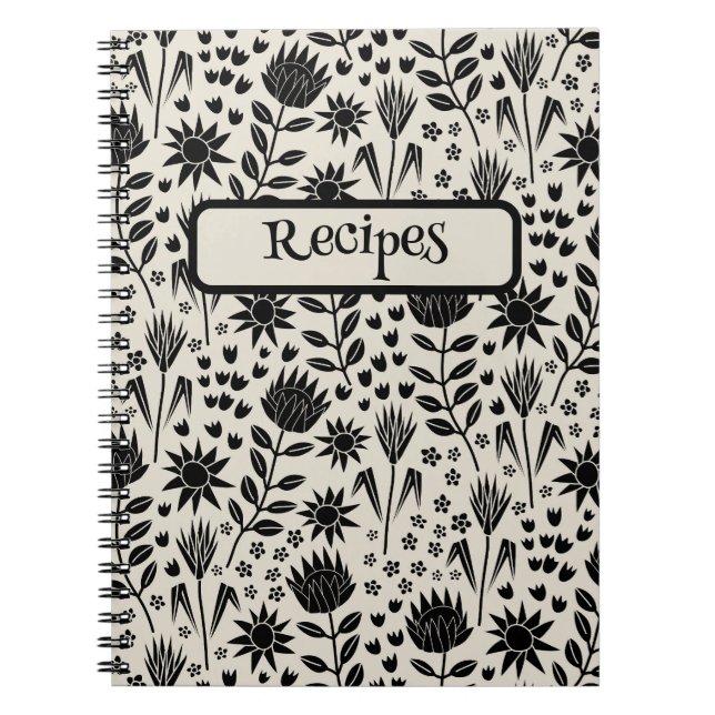 Protea Floral Block Print Millefleur black linen Notebook (Front)
