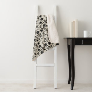 Protea Floral Block Print Millefleur black linen Sherpa Blanket
