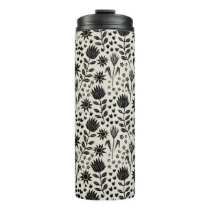 Protea Floral Block Print Millefleur black linen Thermal Tumbler
