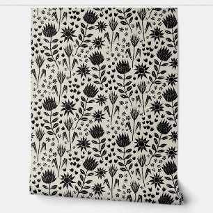 Protea Floral Block Print Millefleur black linen Wallpaper