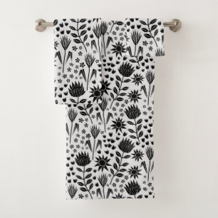 Protea Floral Block Print Millefleur black white Bath Towel Set