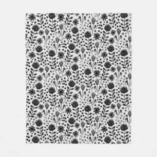 Protea Floral Block Print Millefleur black white Fleece Blanket