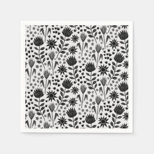 Protea Floral Block Print Millefleur black white Napkin