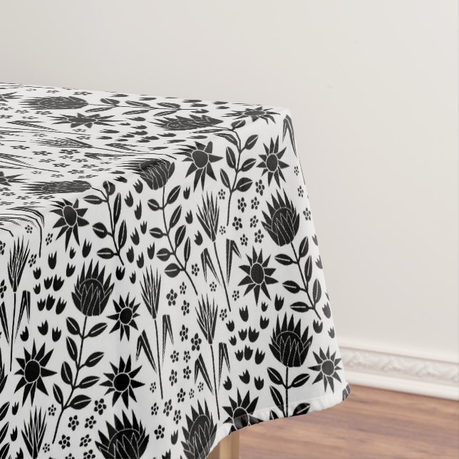 Protea Floral Block Print Millefleur black white Tablecloth (In Situ)