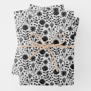 Protea Floral Block Print Millefleur black white Wrapping Paper Sheet