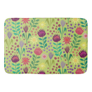 Protea Floral Block Print Millefleur cheery green Bath Mat