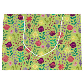 Protea Floral Block Print Millefleur cheery green Large Gift Bag