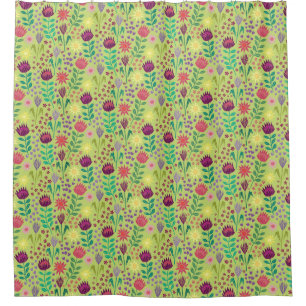 Protea Floral Block Print Millefleur cheery green Shower Curtain