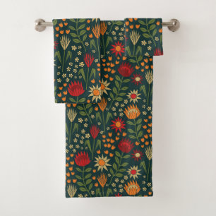 Protea Floral Block Print Millefleur darks Bath Towel Set