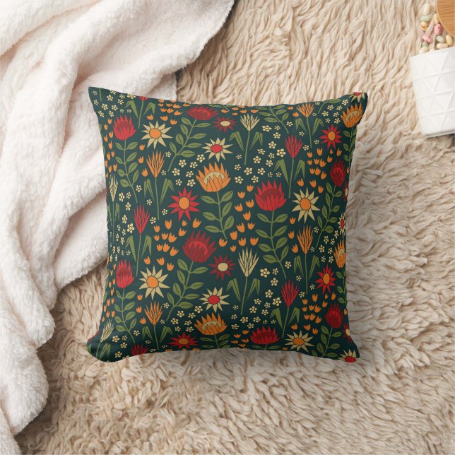 Protea Floral Block Print Millefleur darks Cushion (Blanket)