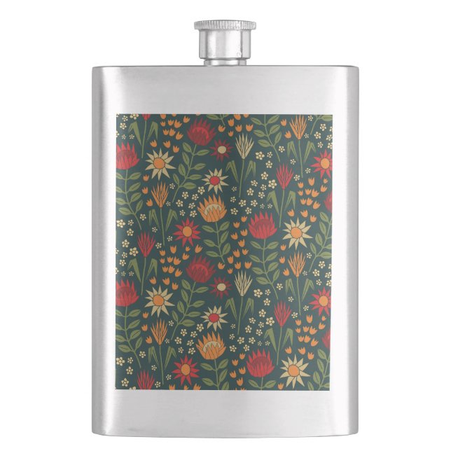 Protea Floral Block Print Millefleur darks Hip Flask (Front)