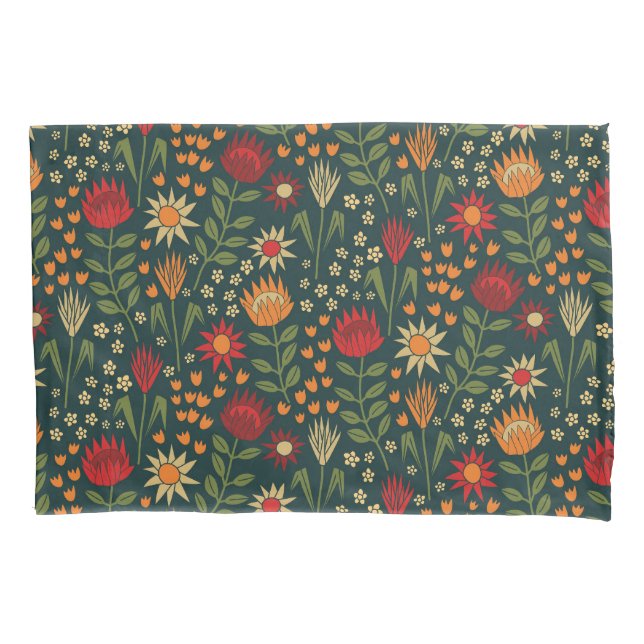 Protea Floral Block Print Millefleur darks Pillowcase (Front-Left)