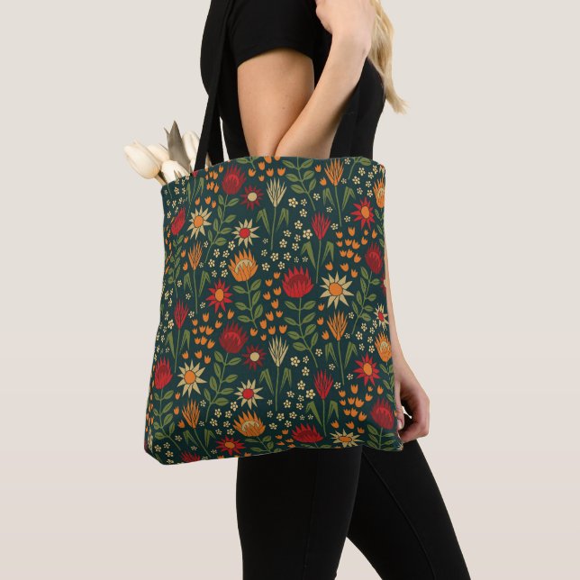 Protea Floral Block Print Millefleur darks Tote Bag (Close Up)