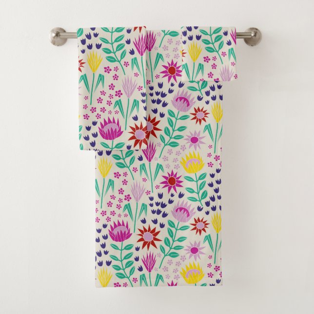 Protea Floral Block Print Millefleur lights Bath Towel Set (Insitu)