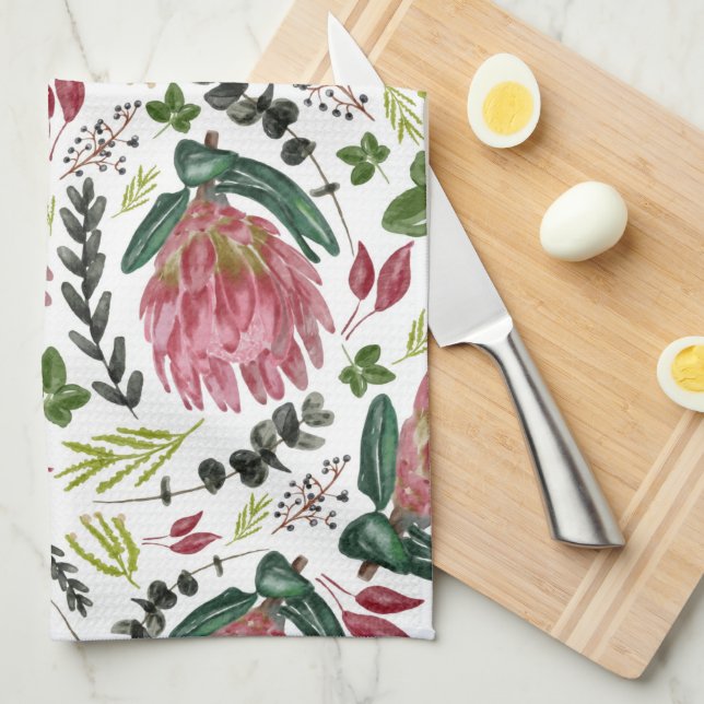 Protea Floral Watercolor Botanical Tea Towel (Quarter Fold)