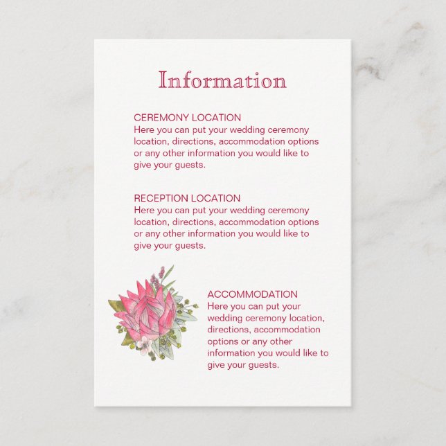 Protea Flower Wedding Information Cards (Front)