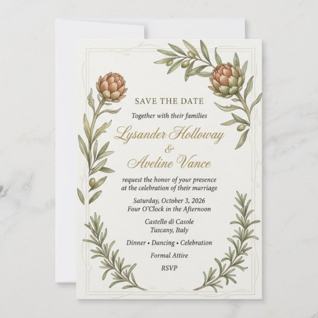 Protea Flowers, Olive Branches, Rosemary Sprigs, B Invitation (Front)