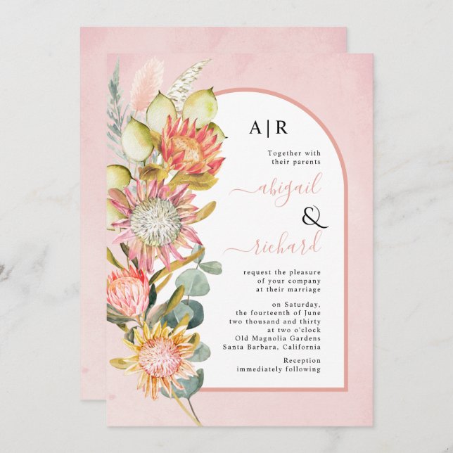 Protea flowers pampas grass and eucalyprus wedding invitation (Front/Back)