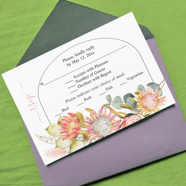Protea flowers pampas grass sage green wedding RSV RSVP Card (Creator Uploaded)