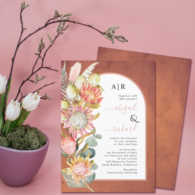 Protea flowers pampas grass sterracotta wedding invitation (Creator Uploaded)
