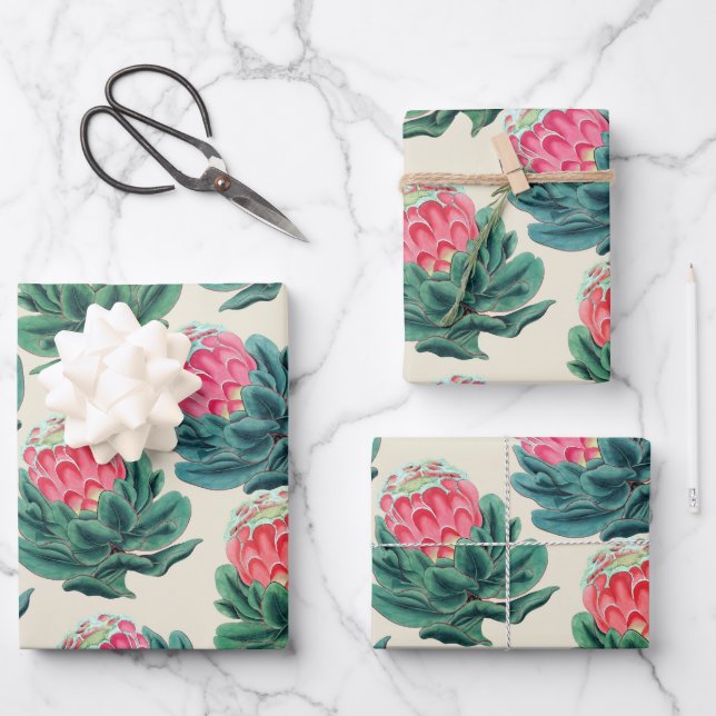 Protea Flowers Pattern Wrapping Paper Sheet (Front)