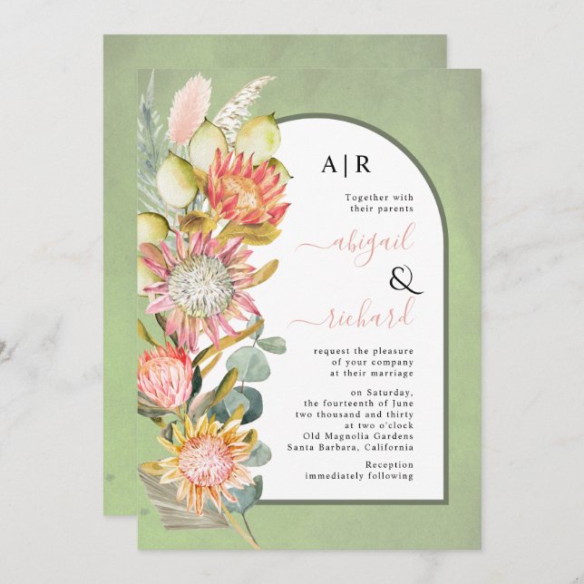 Protea flowers QR code RSVP green arch wedding Invitation (Front/Back)