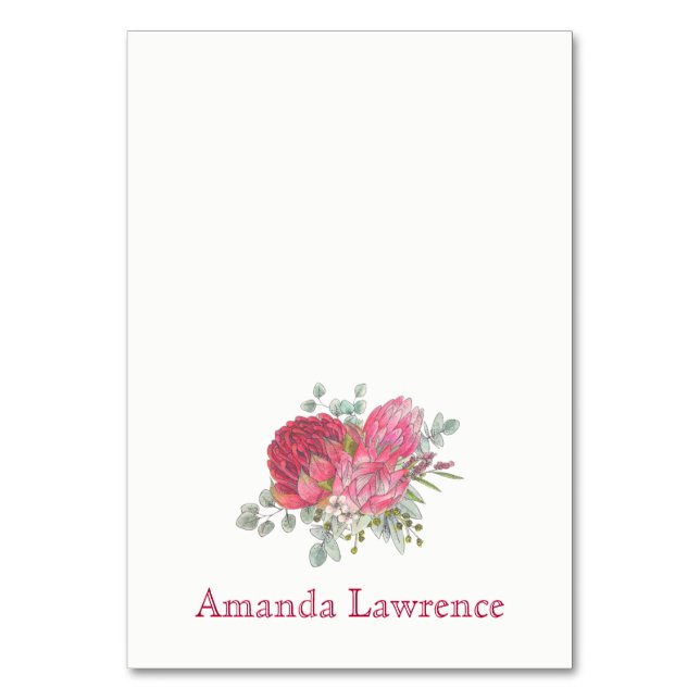 Protea Flowers Watercolor Personalised Place Cards (Front)