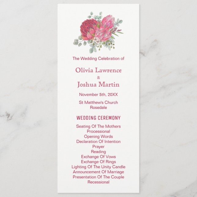Protea Flowers Watercolor Wedding Programs Programme (Front)