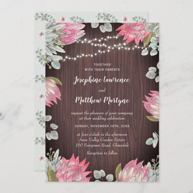 Protea Lights Wood Rustic Wedding Invitation (Front/Back)