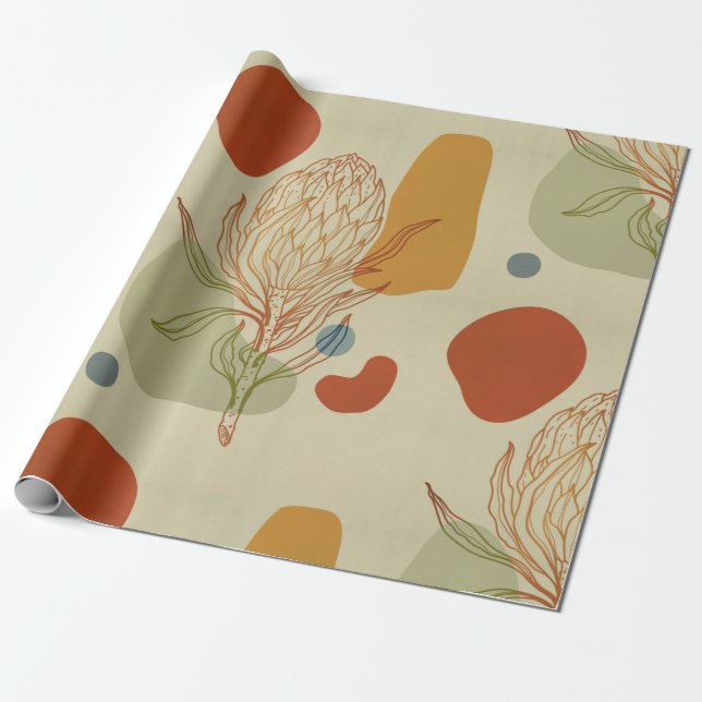 Protea Line Abstract Shapes Trendy Botanical Wrapping Paper (Unrolled)