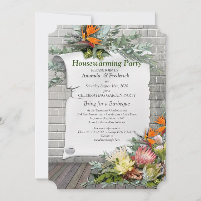 Protea -  Strelitzia Flower Houswarming Party Invitation (Front)